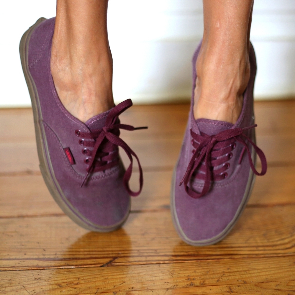 Burgundy and brown Vans sneakers